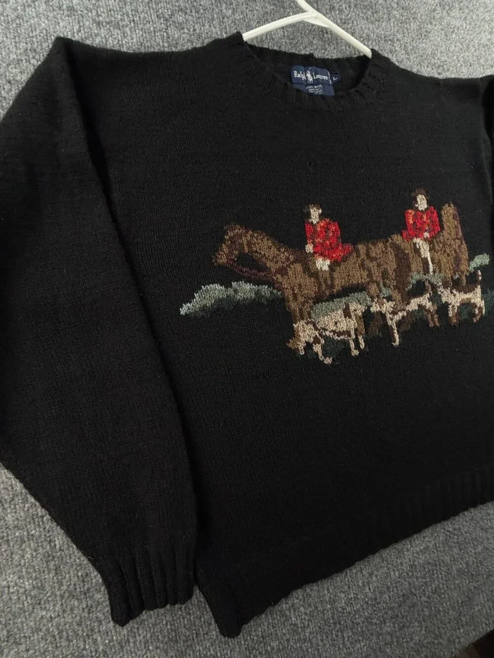 VTG Ralph Lauren Equestrian Fox Hunt Large Sweater Graphic Black Wool Hand Knit